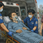 Paramedics in blue uniforms load a patient on a stretcher into an ambulance; patient wears oxygen mask, woman bystander nearby.