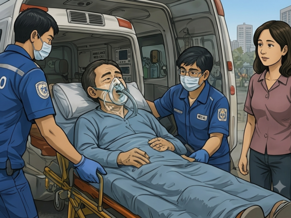 Paramedics in blue uniforms load a patient on a stretcher into an ambulance; patient wears oxygen mask, woman bystander nearby.