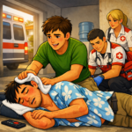 Young man in a green shirt places a towel on an injured friend lying on the ground as two paramedics attend nearby near an ambulance outside the building.