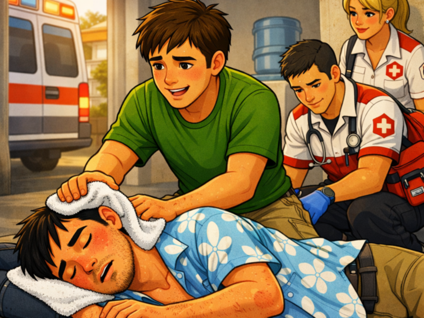 Young man in a green shirt places a towel on an injured friend lying on the ground as two paramedics attend nearby near an ambulance outside the building.